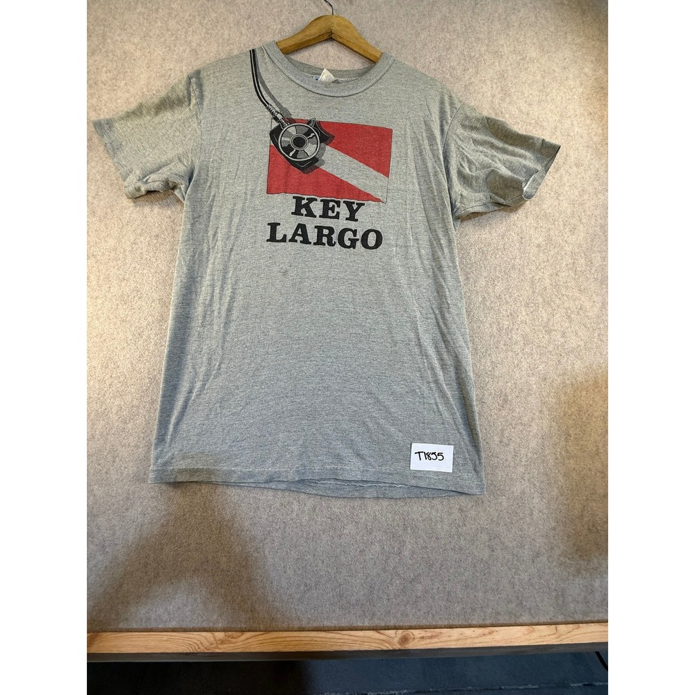Vintage 80s Hanes Key Largo Scuba Diving Flag T-Shirt Gray Mens Large USA Made‎